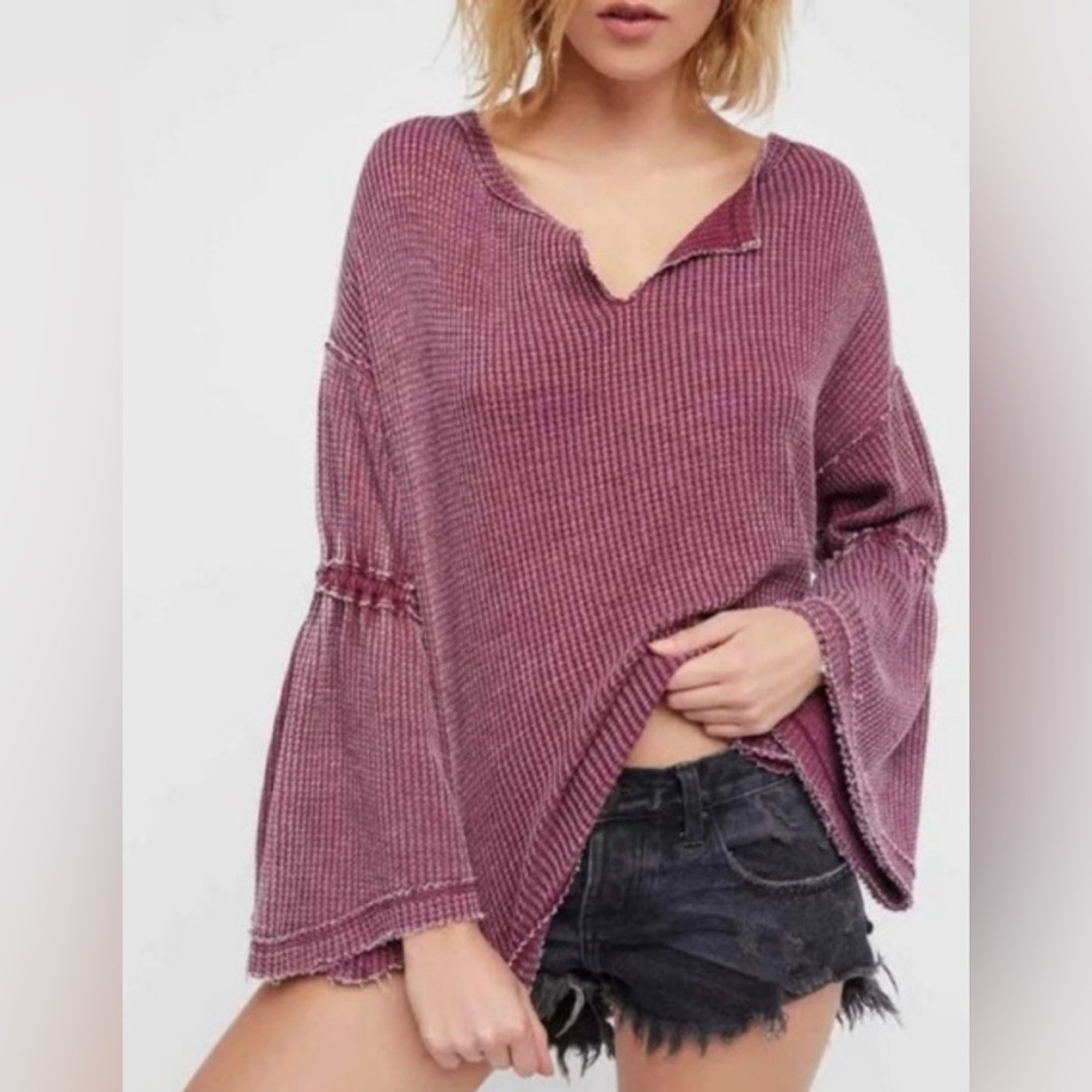We The Free Dahlia Waffle Bell Sleeve Burnout Thermal in Burgundy Size Small (S)